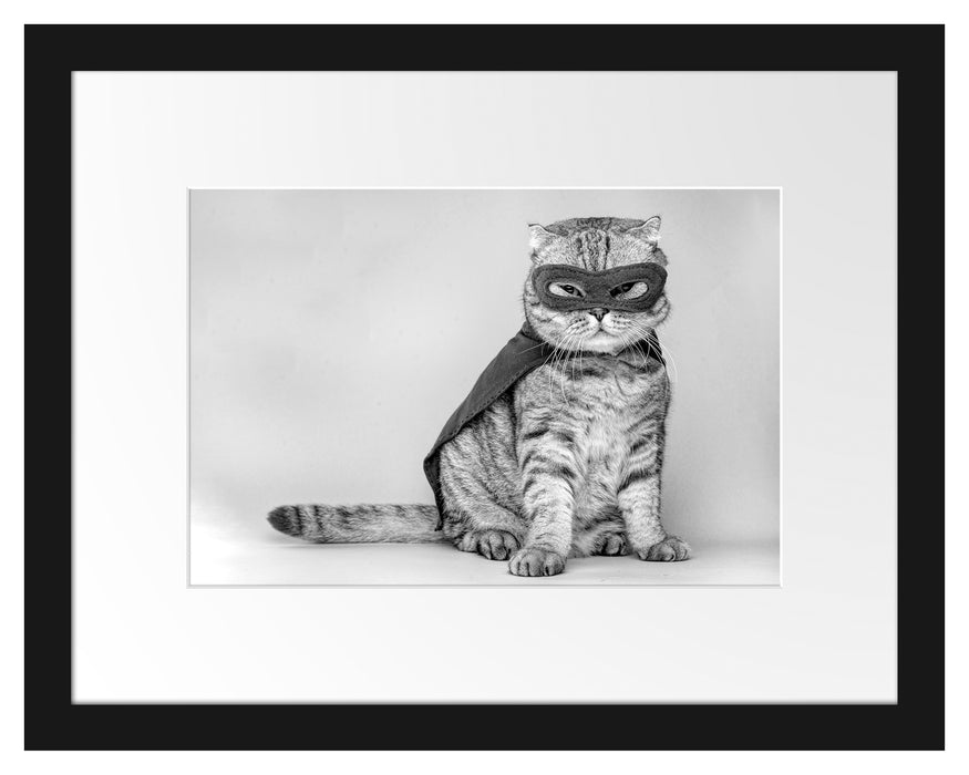 Pixxprint Süße Katze im Superheldenkostüm, Monochrome, im Galerie-Passepartout Bilderrahmen