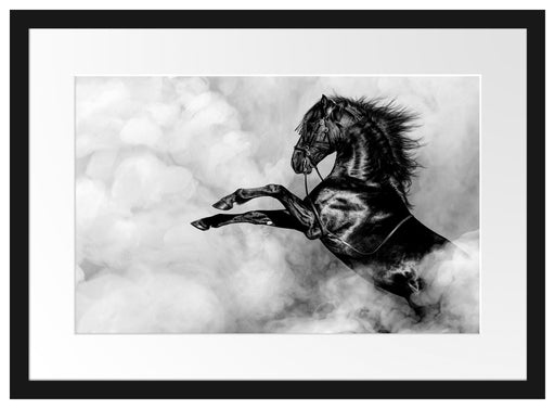 Schwarzes Pferd steigt im weißen Nebel, Monochrome Passepartout Rechteckig 40
