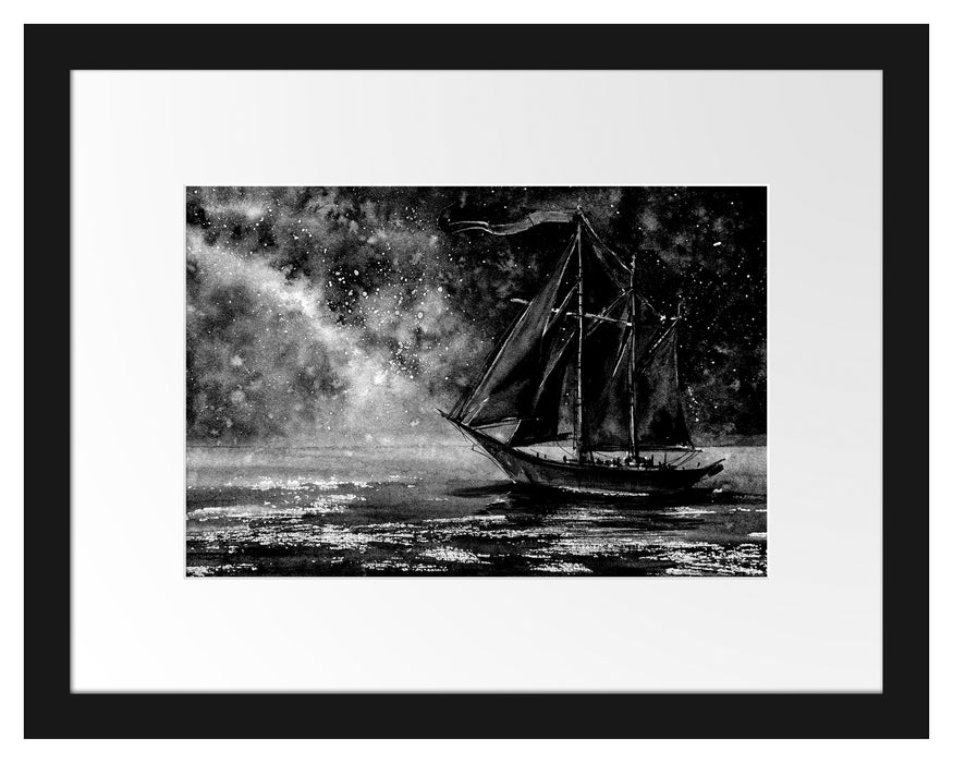 Pixxprint Rotes Segelboot in Sternenheller Nacht, Monochrome, im Galerie-Passepartout Bilderrahmen
