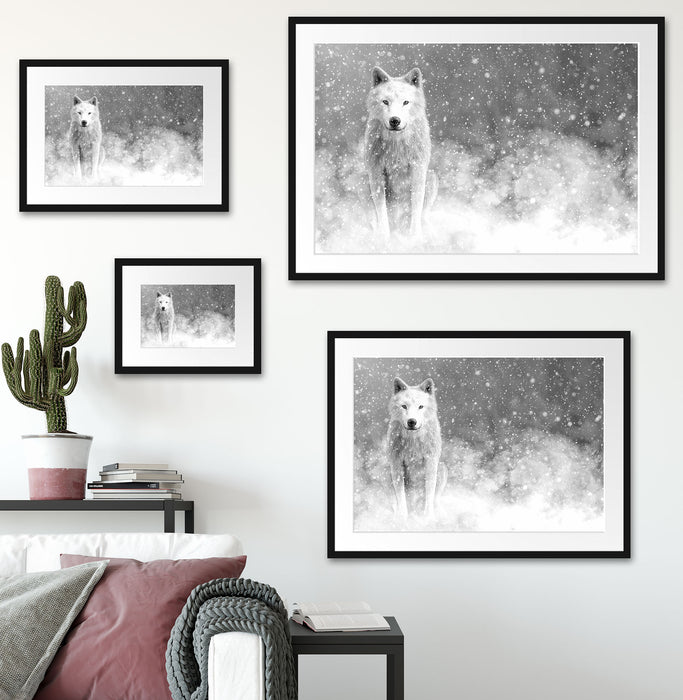 Majestätischer weißer Wolf im Schnee, Monochrome Passepartout Wohnzimmer Rechteckig