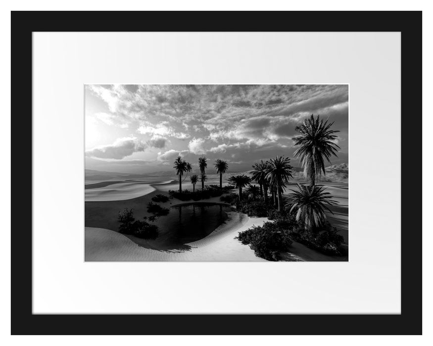 Pixxprint Oase in der Wüste bei Sonnenuntergang, Monochrome, im Galerie-Passepartout Bilderrahmen