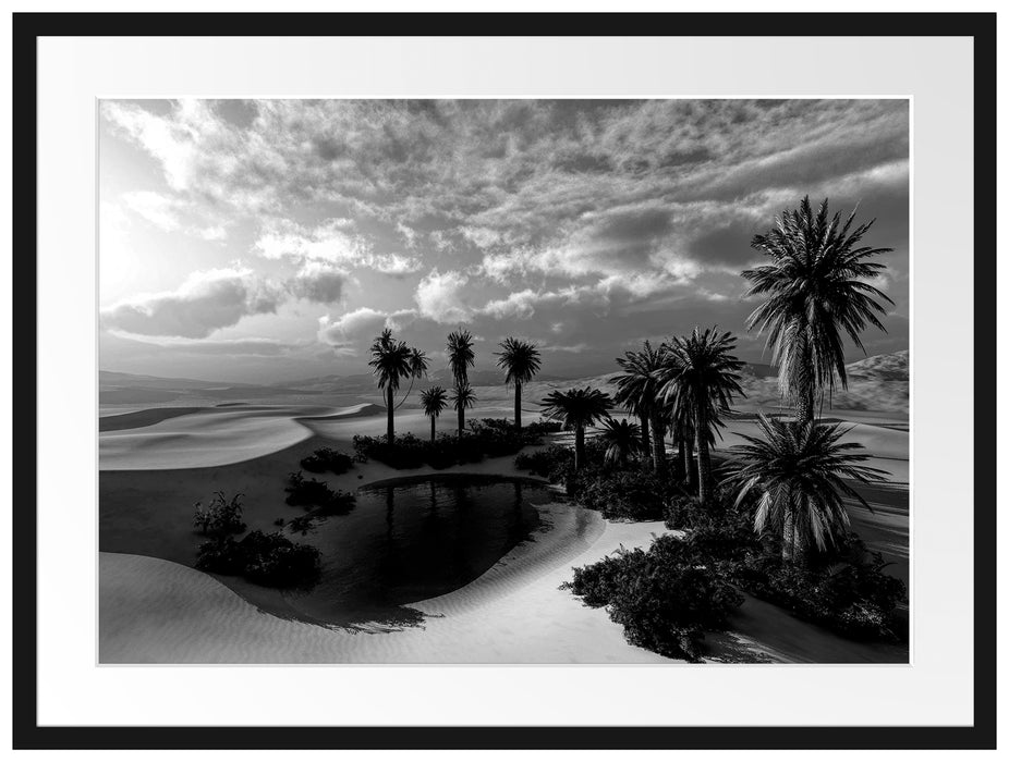 Oase in der Wüste bei Sonnenuntergang, Monochrome Passepartout Rechteckig 80