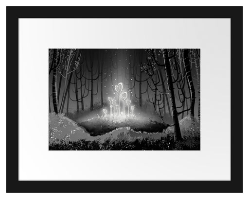 Leuchtende Zauberblumen im Wald, Monochrome Passepartout Rechteckig 30