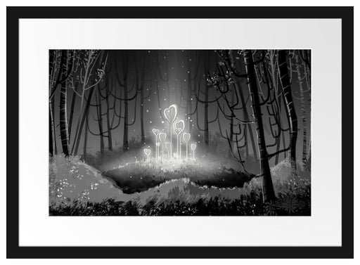 Leuchtende Zauberblumen im Wald, Monochrome Passepartout Rechteckig 40