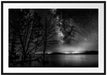 Bäume am See in sternenklarer Nacht, Monochrome Passepartout Rechteckig 100