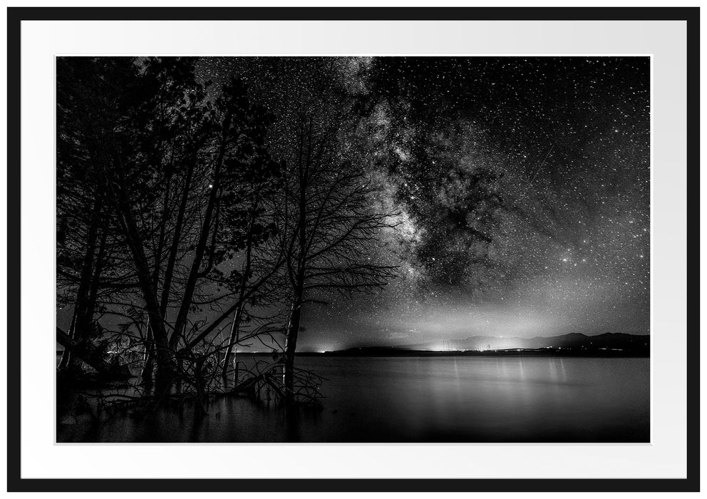 Bäume am See in sternenklarer Nacht, Monochrome Passepartout Rechteckig 100
