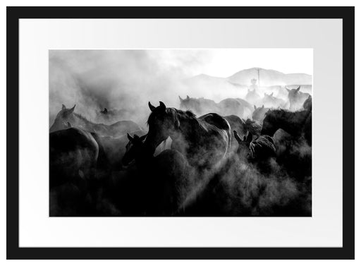 Pferdeherde im Staub bei Sonnenuntergang, Monochrome Passepartout Rechteckig 40