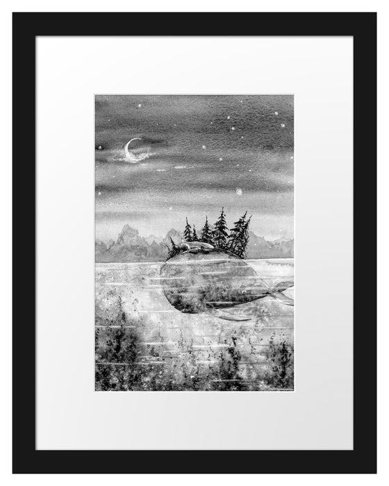 Pixxprint Fuchs reitet auf Wal bei Nacht, Monochrome, im Galerie-Passepartout Bilderrahmen