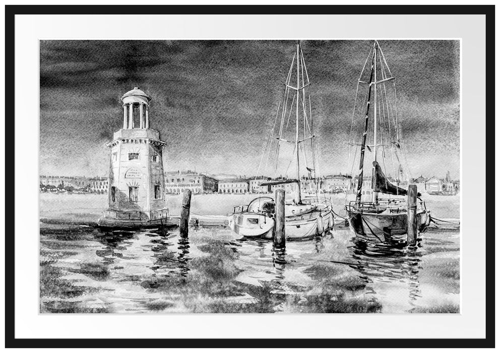 Segelschiffe im Hafen Venedigs, Monochrome Passepartout Rechteckig 100