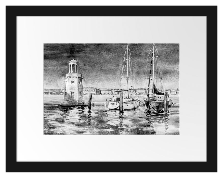 Pixxprint Segelschiffe im Hafen Venedigs, Monochrome, im Galerie-Passepartout Bilderrahmen