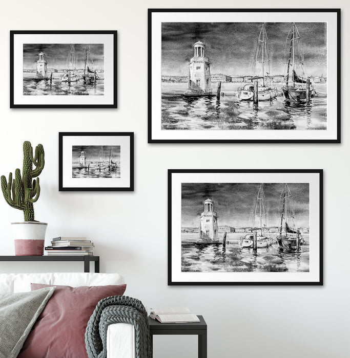 Segelschiffe im Hafen Venedigs, Monochrome Passepartout Wohnzimmer Rechteckig