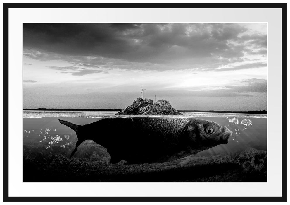Abstrakter Fisch mit Felsrücken, Monochrome Passepartout Rechteckig 100