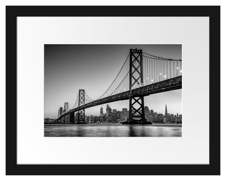 Pixxprint Oakland Bay Brücke bei Sonnenuntergang, Monochrome, im Galerie-Passepartout Bilderrahmen