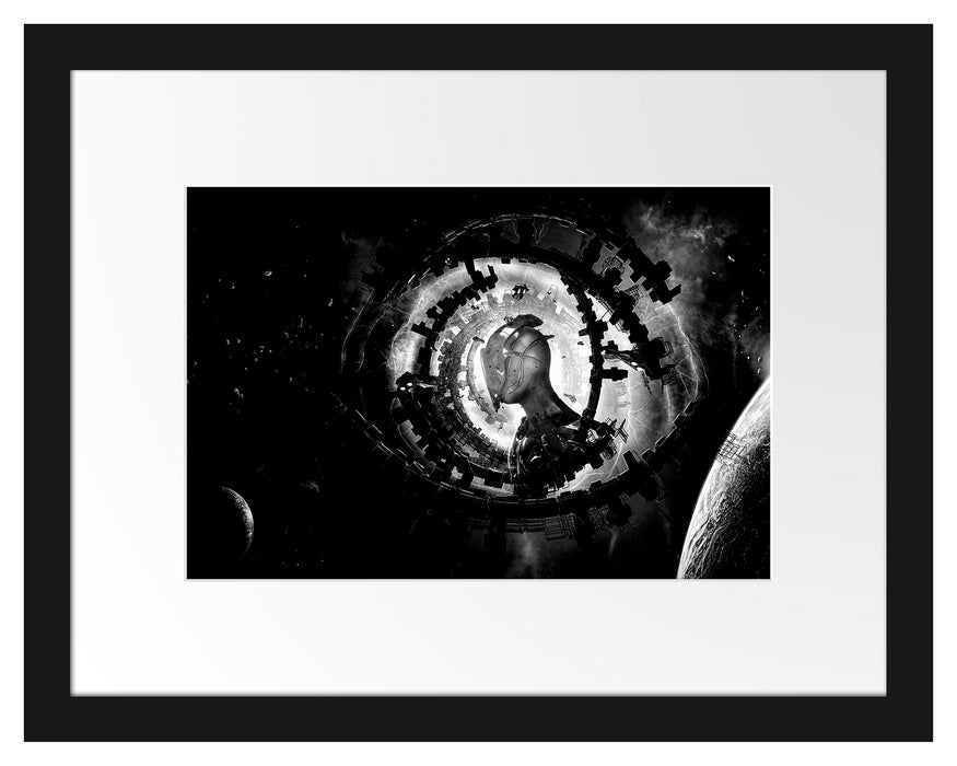 Pixxprint Abstraktes Auge mit Alien im Weltraum, Monochrome, im Galerie-Passepartout Bilderrahmen
