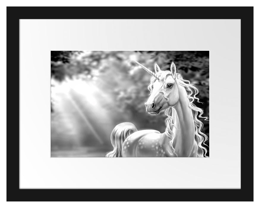 Pixxprint Magisches Einhorn im Zauberwald, Monochrome, im Galerie-Passepartout Bilderrahmen
