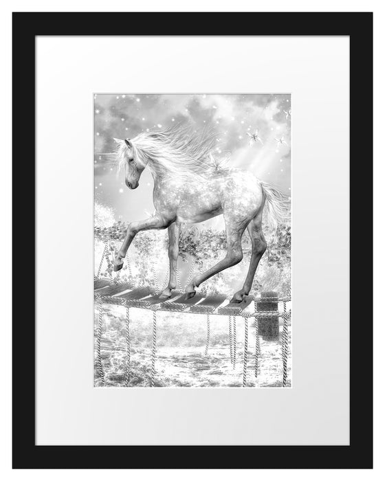 Pixxprint Einhorn läuft über Hängebrücke, Monochrome, im Galerie-Passepartout Bilderrahmen