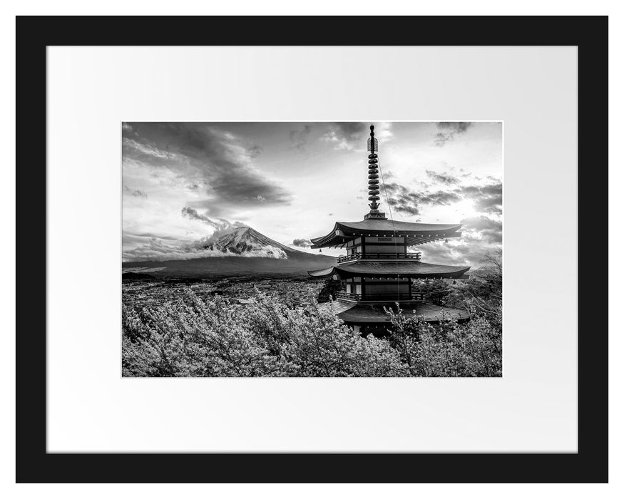 Pixxprint Japanischer Tempel zwischen Kirschblüten, Monochrome, im Galerie-Passepartout Bilderrahmen