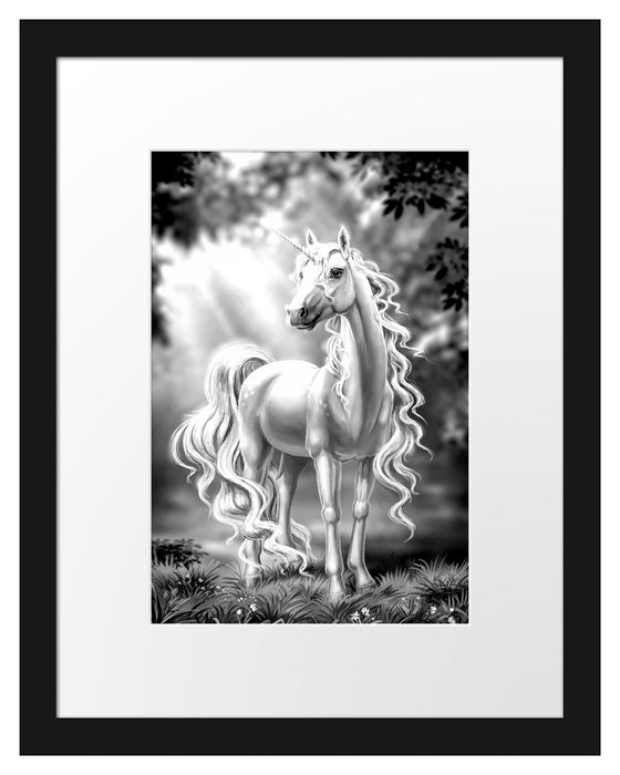 Pixxprint Pink äugiges Einhorn im rosa Märchenwald, Monochrome, im Galerie-Passepartout Bilderrahmen