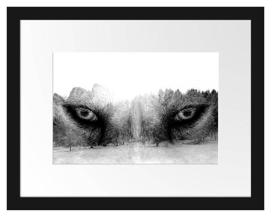 Pixxprint Overlay Wolfsaugen über Winterwald, Monochrome, im Galerie-Passepartout Bilderrahmen