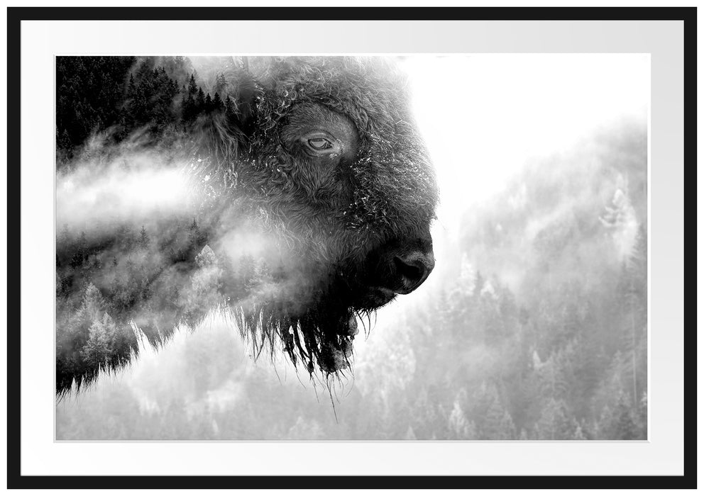 Wildes Bison in nebeligem Wald, Monochrome Passepartout Rechteckig 100