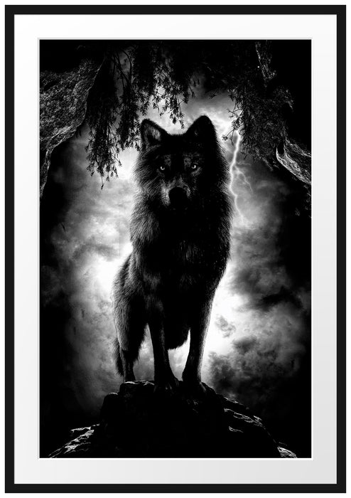 Böser Wolf bei Gewitter im Höhleneingang, Monochrome Passepartout Rechteckig 100