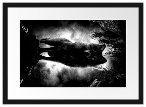 Böser Wolf bei Gewitter im Höhleneingang, Monochrome Passepartout Rechteckig 40
