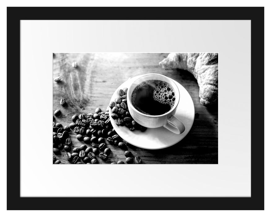 Pixxprint Tasse Kaffee mit Bohnen und Croissant, Monochrome, im Galerie-Passepartout Bilderrahmen