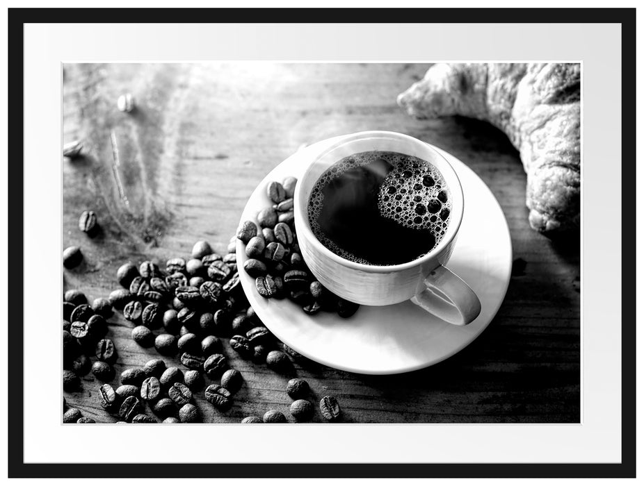 Tasse Kaffee mit Bohnen und Croissant, Monochrome Passepartout Rechteckig 80