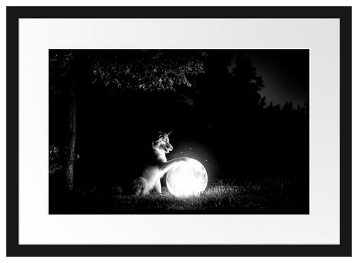 Hund mit leuchtendem Mond bei Nacht, Monochrome Passepartout Rechteckig 40