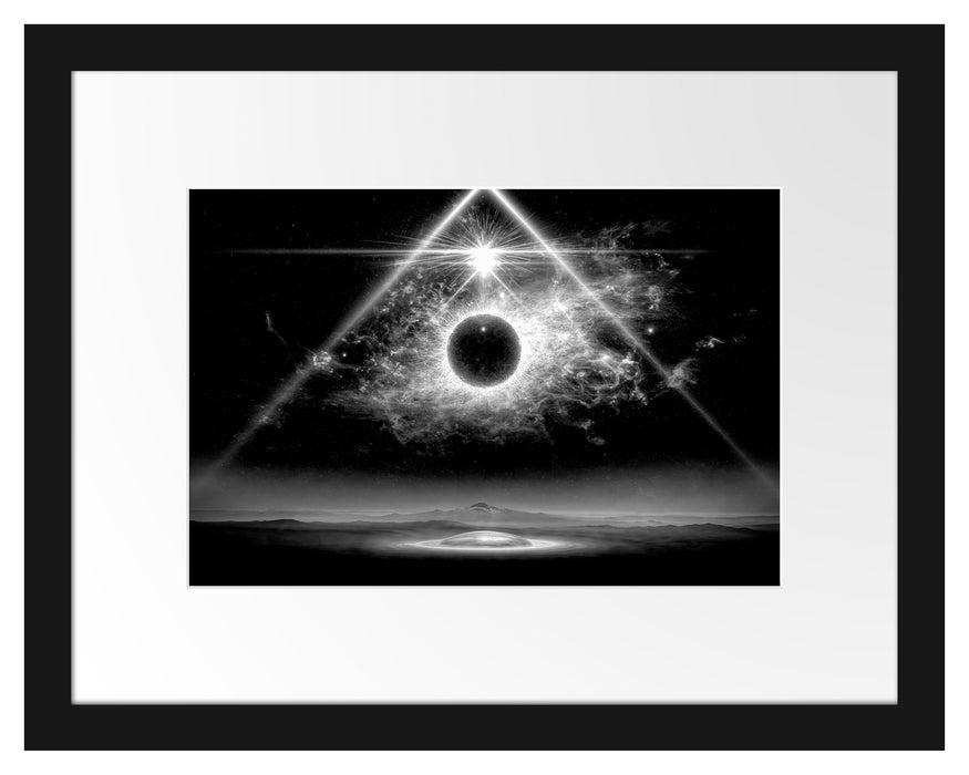 Pixxprint Science Fiction Collage Planeten im Weltraum, Monochrome, im Galerie-Passepartout Bilderrahmen