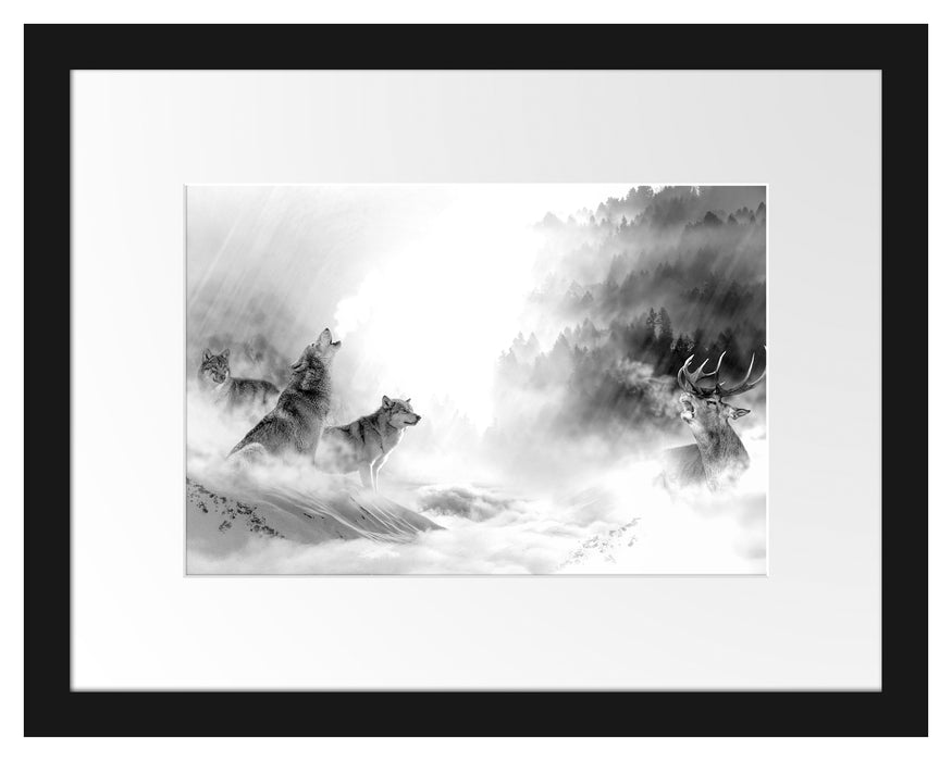 Pixxprint Heulende Wölfe jagen Hirsch im Nebel, Monochrome, im Galerie-Passepartout Bilderrahmen