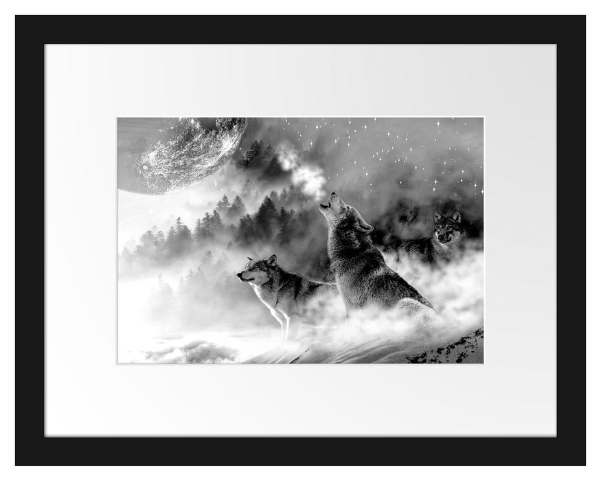 Pixxprint Wölfe in der Wüste heulen Vollmond an, Monochrome, im Galerie-Passepartout Bilderrahmen