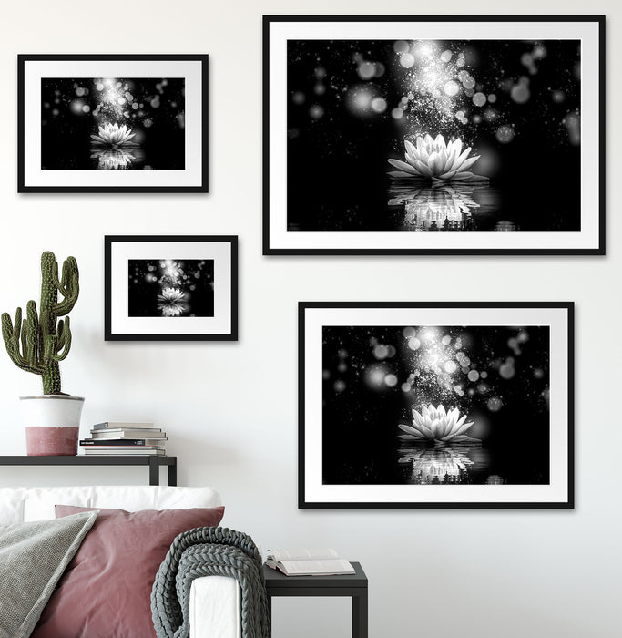 Magische Lotusblüte mit Glitzerstaub, Monochrome Passepartout Wohnzimmer Rechteckig