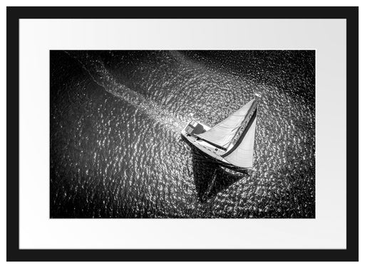 Einsames Segelboot auf dem Meer, Monochrome Passepartout Rechteckig 40