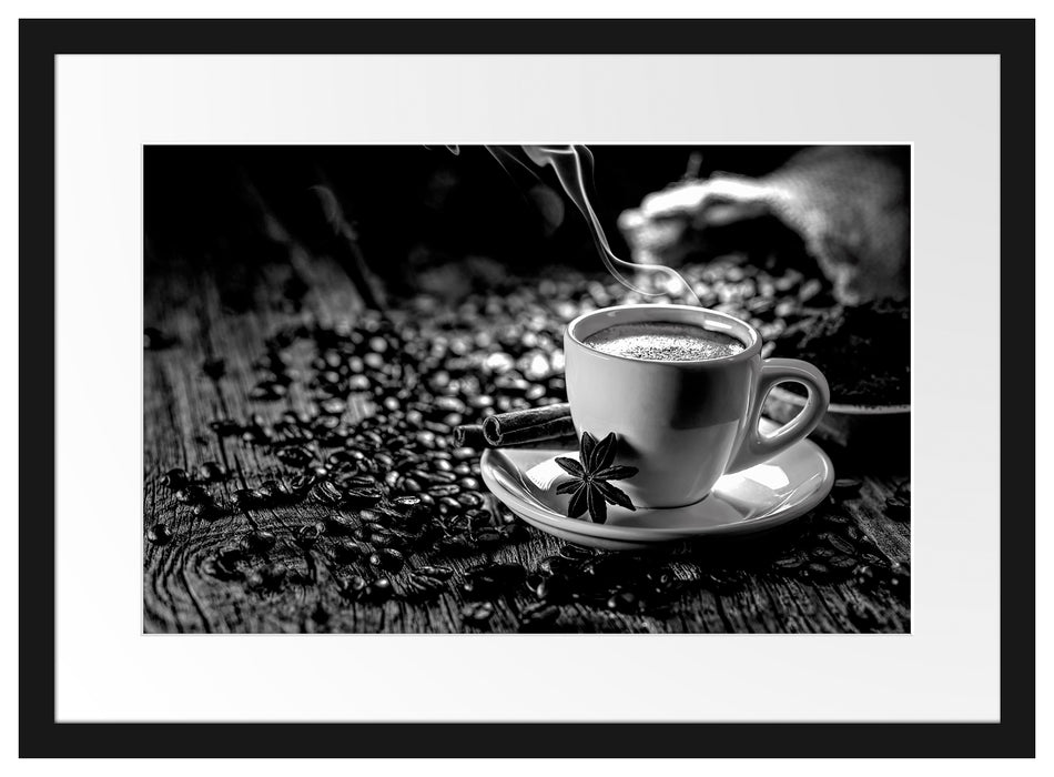 Kaffeetasse mit Bohnen auf Holztisch, Monochrome Passepartout Rechteckig 40