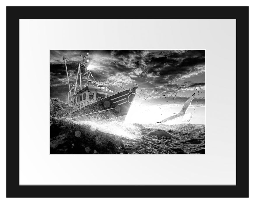 Pixxprint Fischerboot im Sturm auf hoher See, Monochrome, im Galerie-Passepartout Bilderrahmen