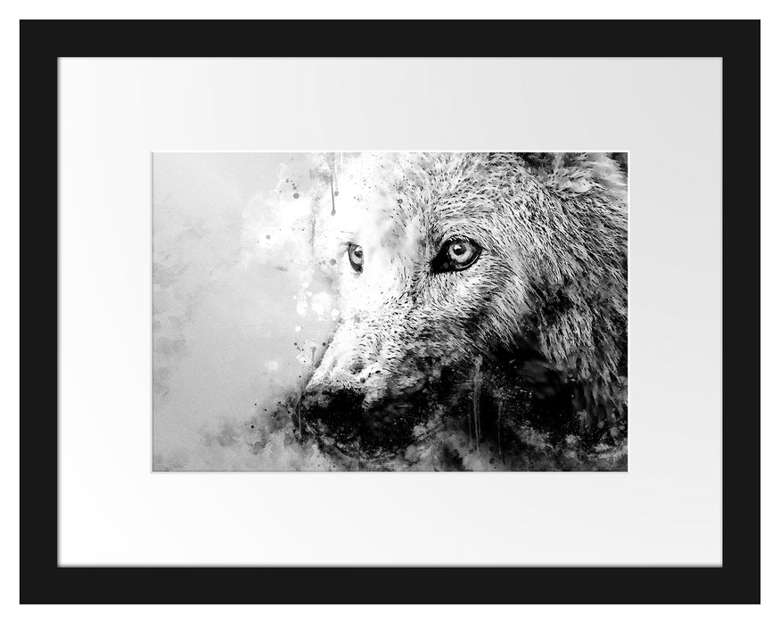 Pixxprint Dreckiger Wolf Nahaufnahme, Monochrome, im Galerie-Passepartout Bilderrahmen