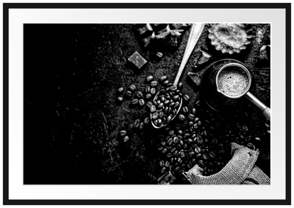 Kaffeebohnen und Schokolade von oben, Monochrome Passepartout Rechteckig 100