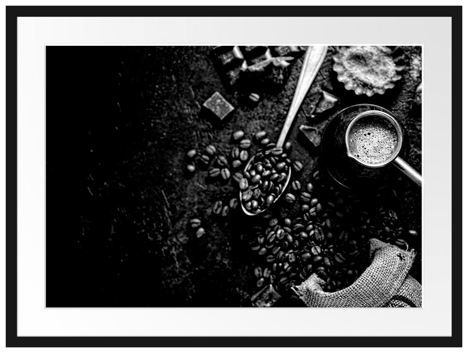 Kaffeebohnen und Schokolade von oben, Monochrome Passepartout Rechteckig 80