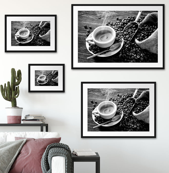 Espressotasse mit Kaffeebohnen, Monochrome Passepartout Wohnzimmer Rechteckig