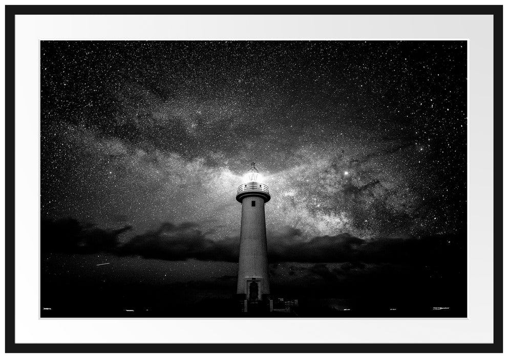 Leuchtturm in klarer Sternennacht, Monochrome Passepartout Rechteckig 100
