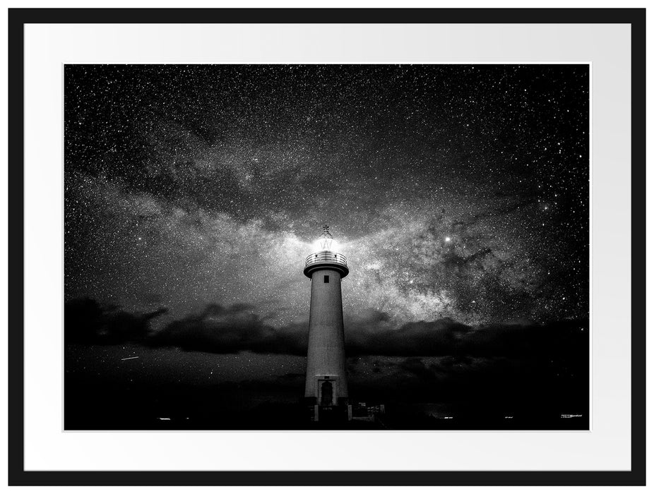 Leuchtturm in klarer Sternennacht, Monochrome Passepartout Rechteckig 80