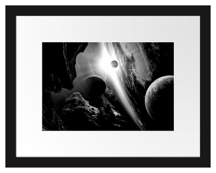Pixxprint Abstrakte Planeten im Weltraum, Monochrome, im Galerie-Passepartout Bilderrahmen