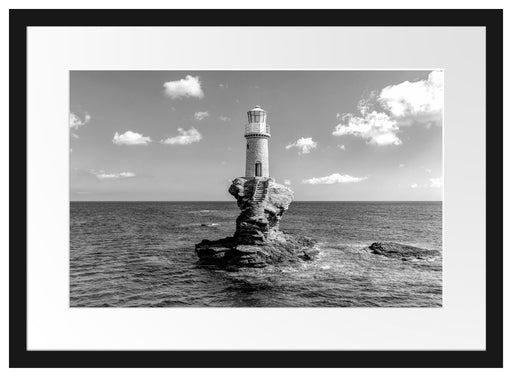Leuchtturm auf kleiner Insel im Meer, Monochrome Passepartout Rechteckig 40