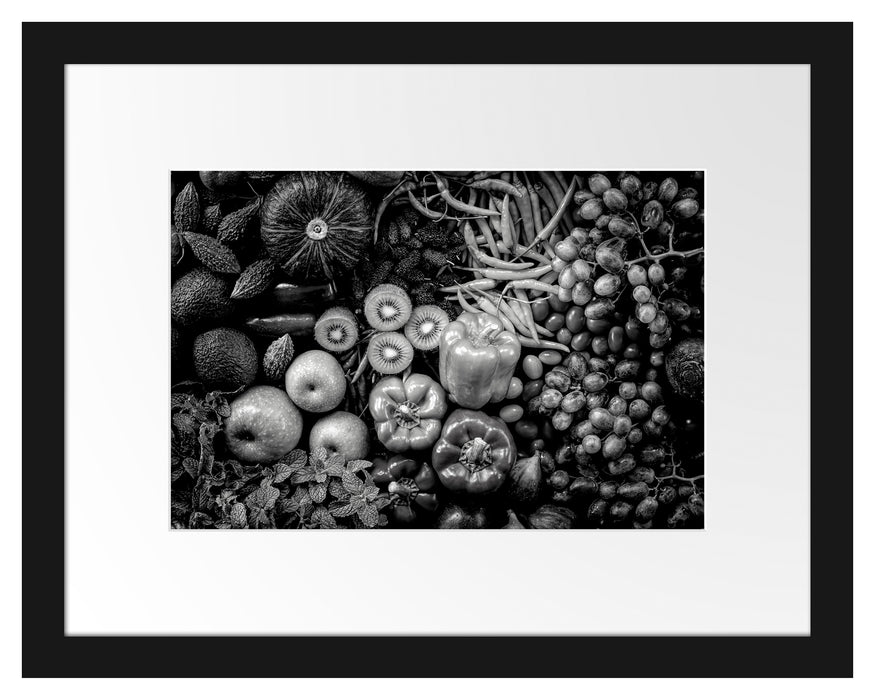 Pixxprint Verschiedene bunte Früchte von oben, Monochrome, im Galerie-Passepartout Bilderrahmen