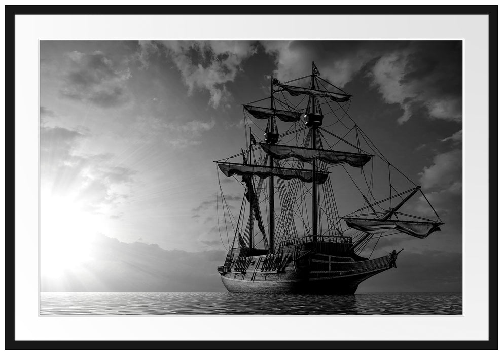 Großes Segelschiff im Sonnenuntergang, Monochrome Passepartout Rechteckig 100