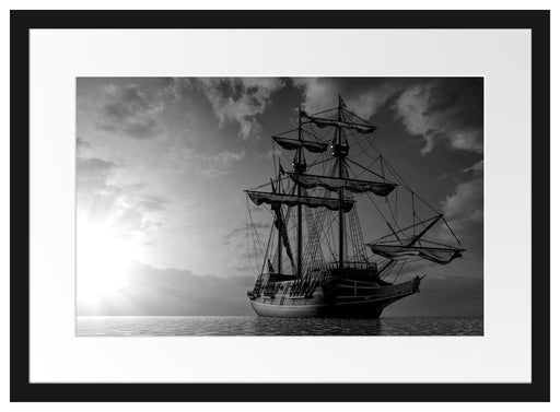 Großes Segelschiff im Sonnenuntergang, Monochrome Passepartout Rechteckig 40