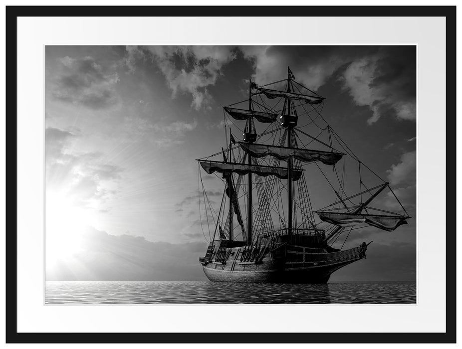 Großes Segelschiff im Sonnenuntergang, Monochrome Passepartout Rechteckig 80