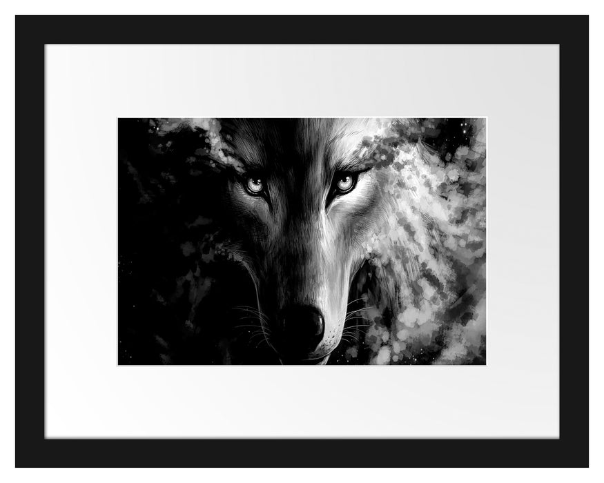 Pixxprint Abstrakter Wolf mit rauchenden Augen, Monochrome, im Galerie-Passepartout Bilderrahmen