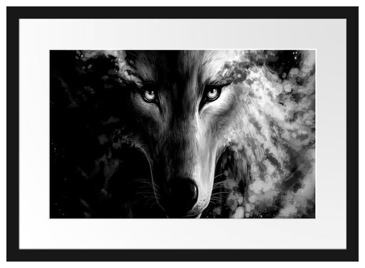Abstrakter Wolf mit rauchenden Augen, Monochrome Passepartout Rechteckig 40